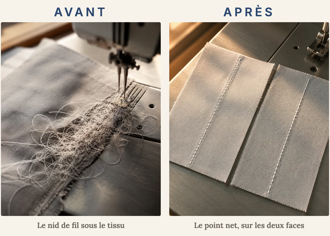 À gauche un nid de fil emmêlé sous le tissu, à droite un point net des deux côtés