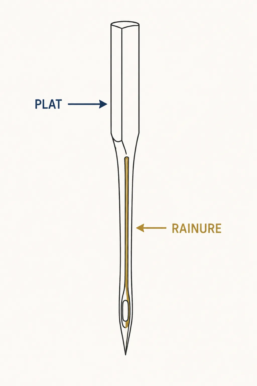Le côté plat et la rainure d'une aiguille de machine